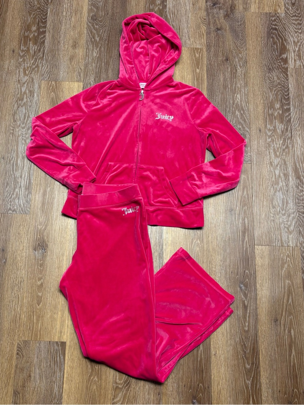 Juicy Couture Bright Pink Velour Zip Hoodie & Pants Pajama Set